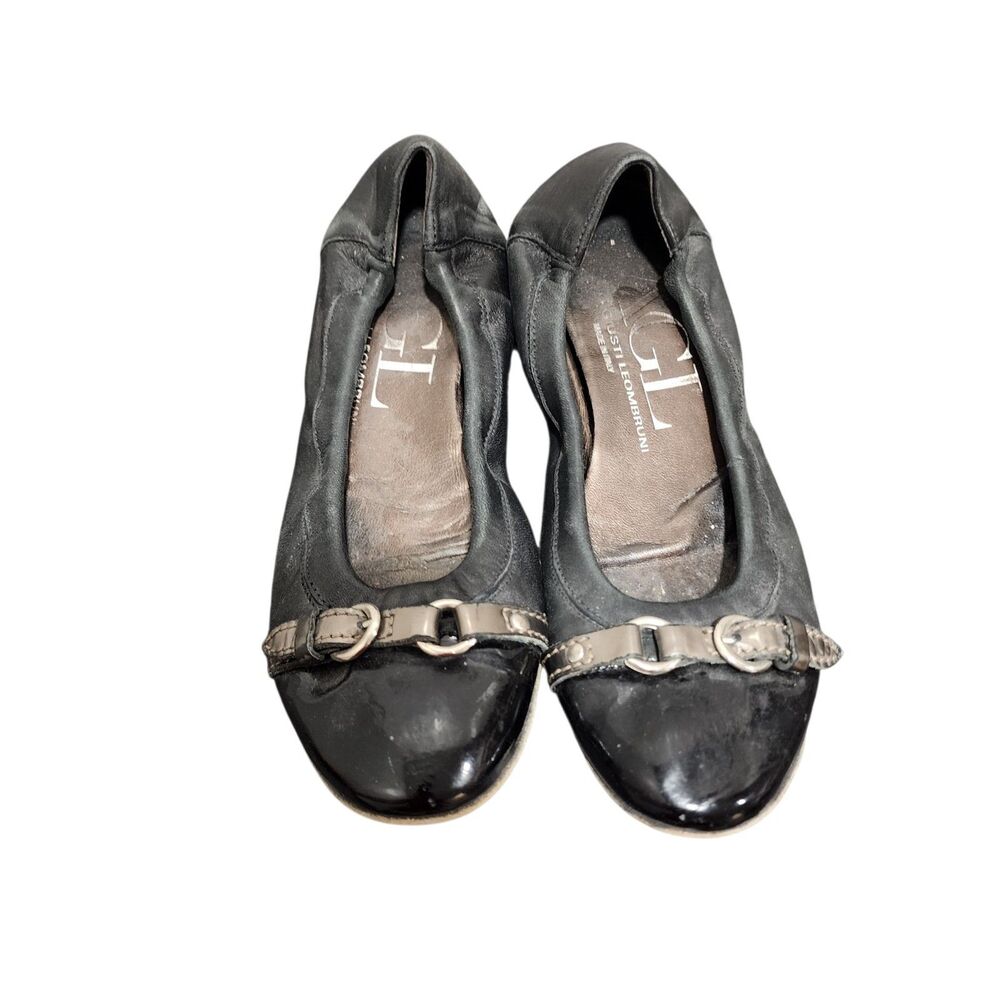 Giusti Leombruni‎ Black Leather Flats Patent Toe Gold Bit Italian Comfort Shoes